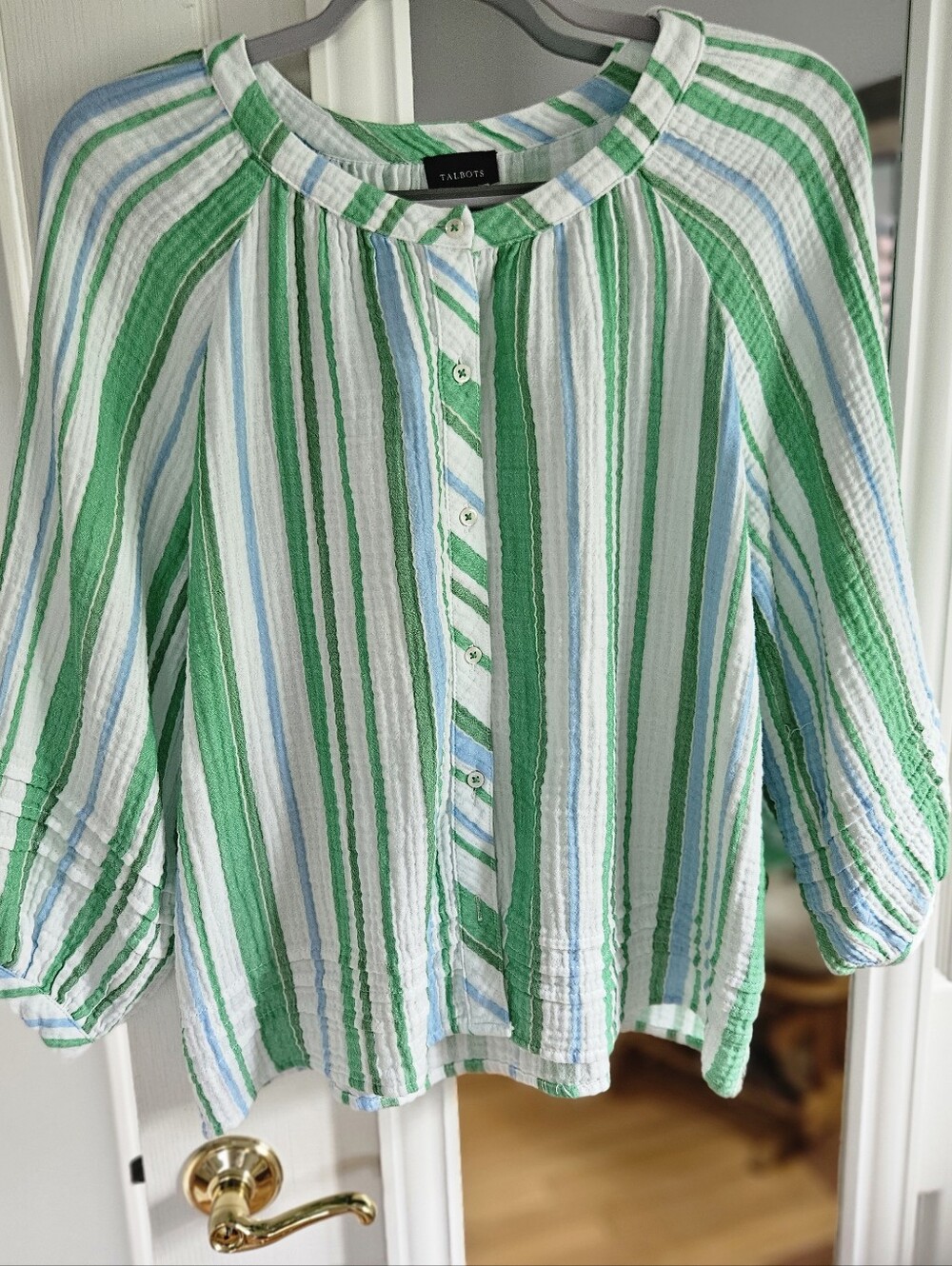 Talbots Green and White Striped Button-Front Blouse